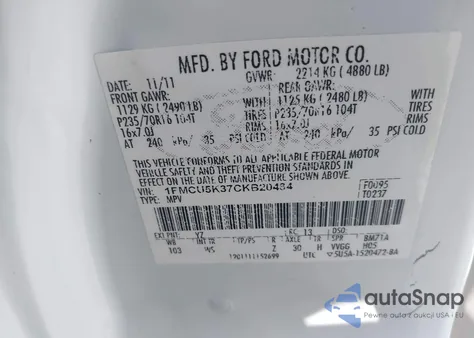 2012 Ford Escape Hybrid из США, поврежденный, VIN 1FMCU5K37CKB20484